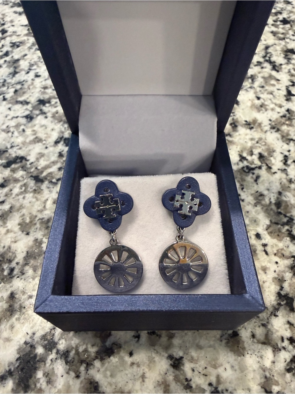 Tory Burch Navy Clover Dangle Earrings with Wheel Charm